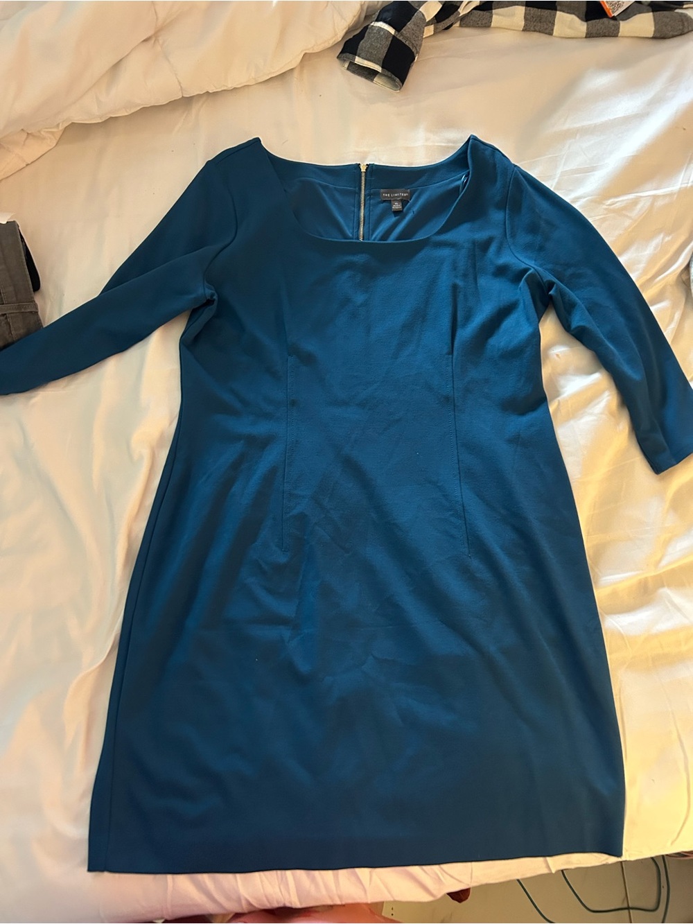 The Limited Teal Sheath Dress with Three-Quarter Sleeves